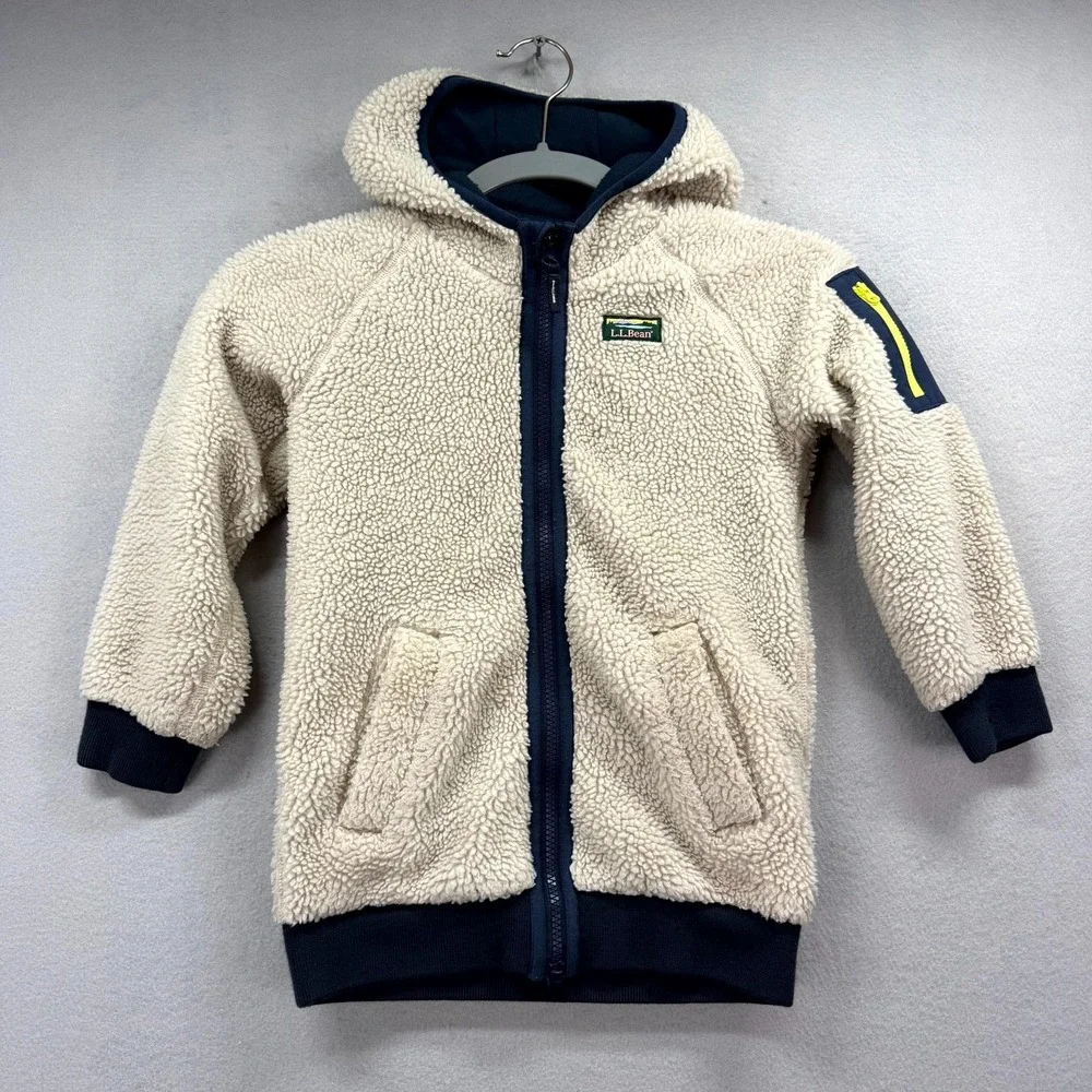 L.L. Bean Sherpa Fleece‎ Long Coat Boys Kids S4 Beige Outerwear Hooded Full Zip